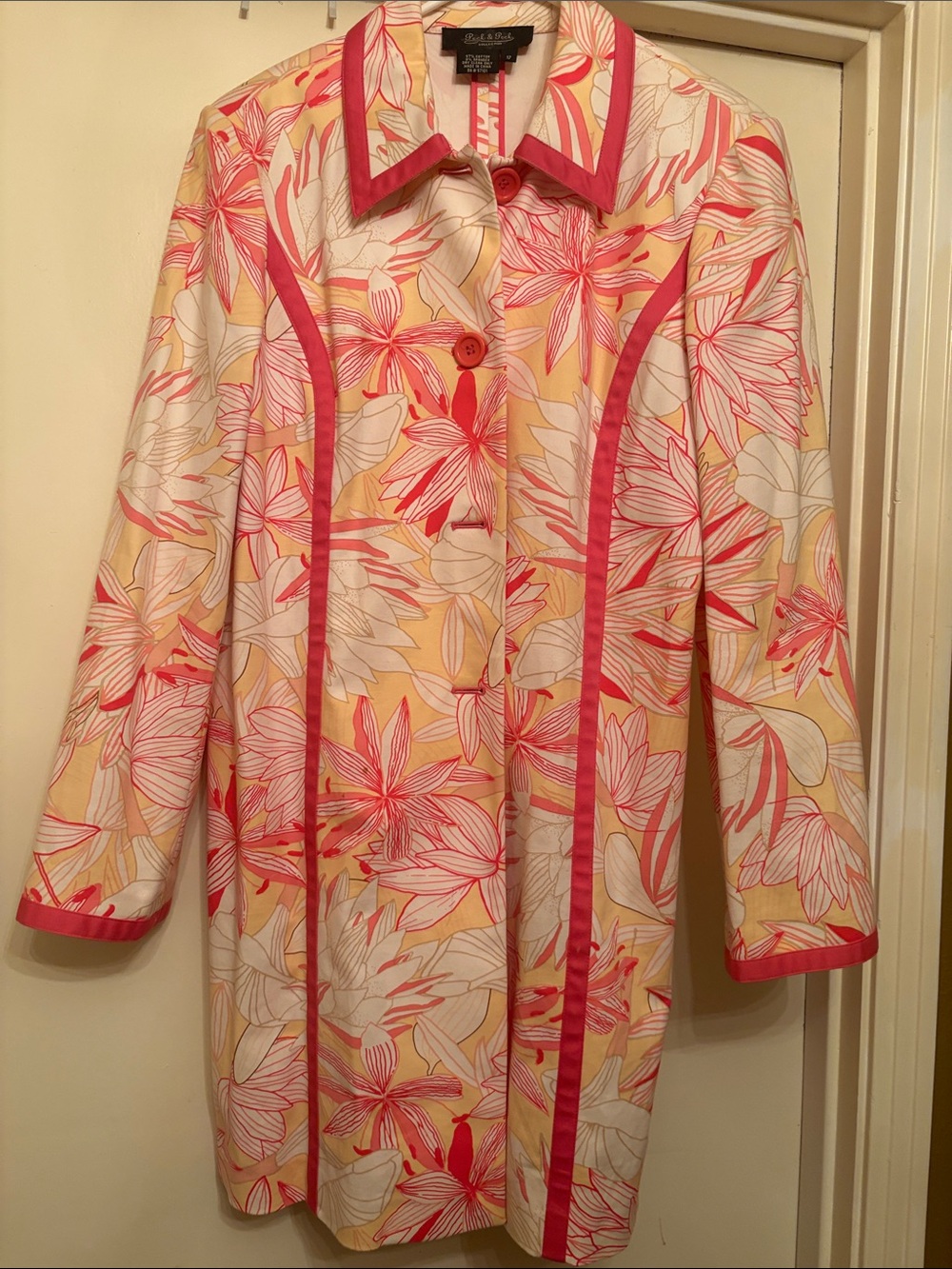 Peck & Peck Pink and Yellow Floral Trench Coat with Coral Trim